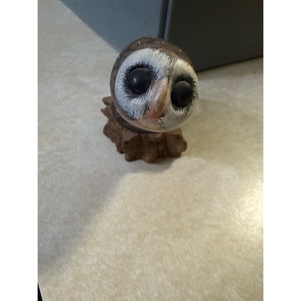 Vintage Hand Painted Owl Figurine on Wood Stump Base Brown White 2.5 Inch